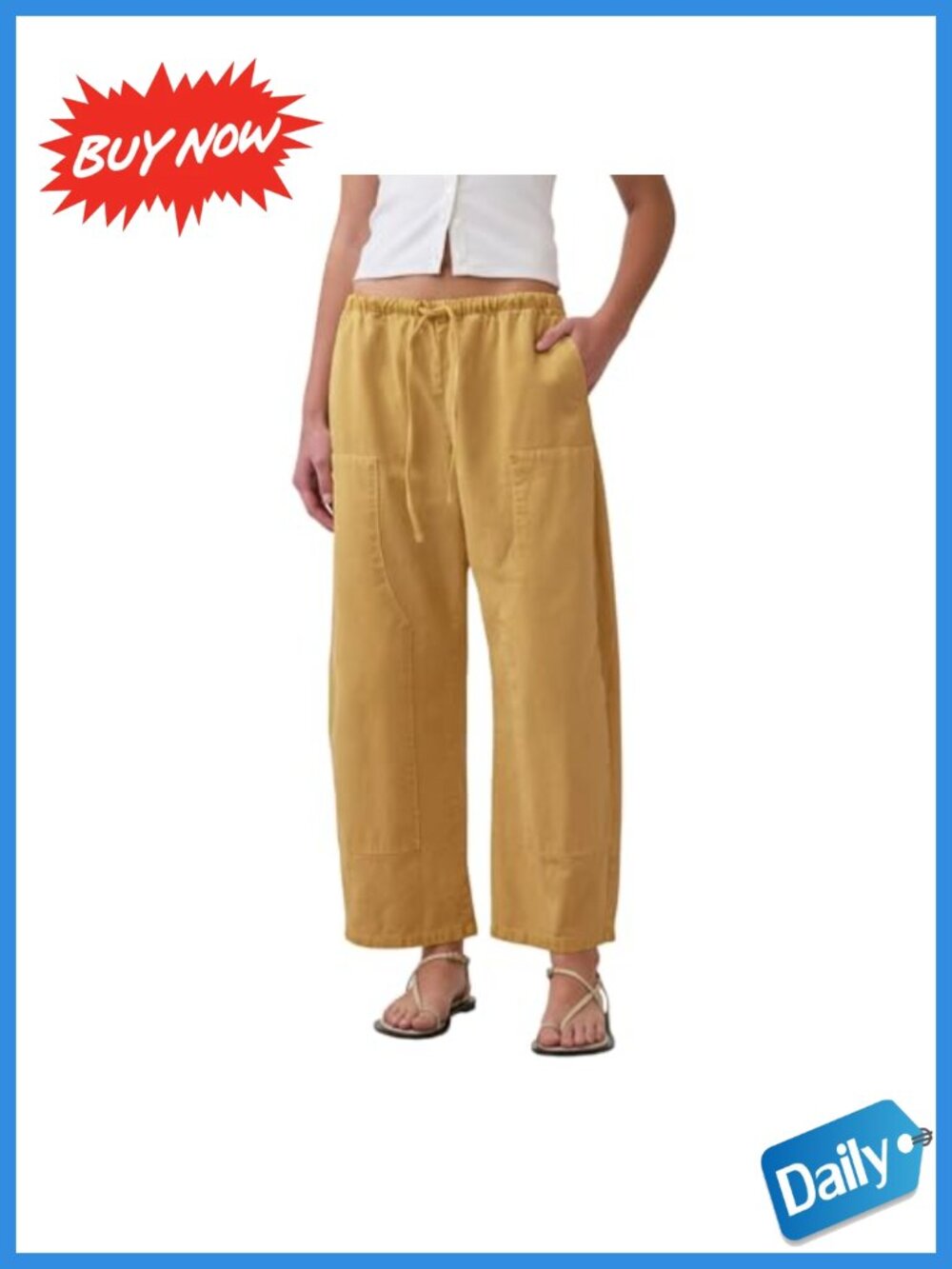 Womens Barrel Pants 100% Cotton Double Knee Drawstring Wide Leg Trousers